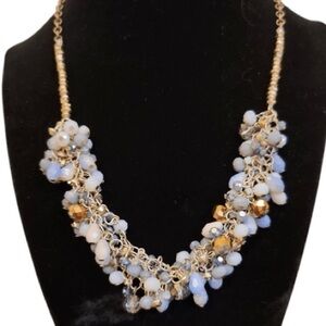 Loft Necklace pale Blue, Opalite, Gold faceted beads on chain, logo tag